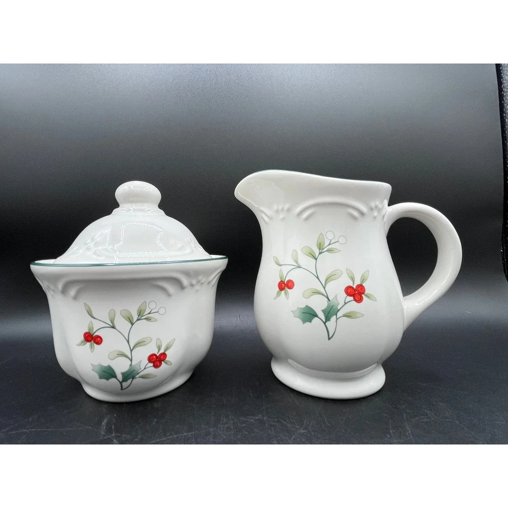 Pfaltzgraff Winterberry Cream and Sugar Set White Stoneware Holly Berry Holiday